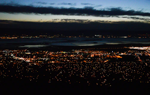 Wide-angle photo of a city skyline at dusk with glowing lights.