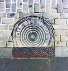 A round manhole cover on a pavement with the text 'Porto Rico Telephone' and circular patterns. It is surrounded by light gray stone bricks, and the lower section has a textured metal grate with red and black details. Small grass tufts are visible in the brick gaps.