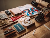 A vibrant assortment of products neatly arranged on a wooden table.
