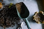 green metal garden shovel filled with brown soil