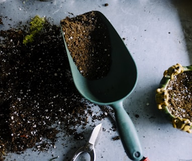 green metal garden shovel filled with brown soil