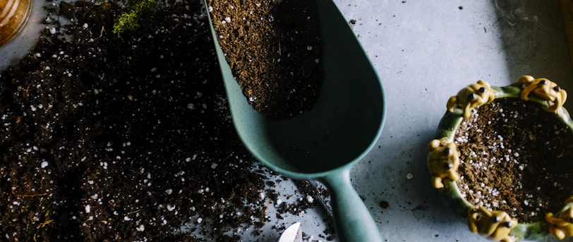 green metal garden shovel filled with brown soil