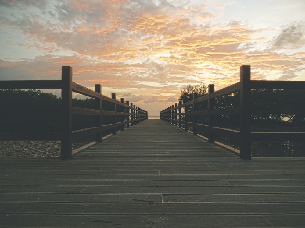 photo of brown wooden dock near trees under cloudy sky photo taken during sunset