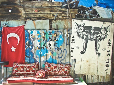 A rustic setup includes a weathered wooden wall adorned with a red flag featuring a white star and crescent. Beside it, vibrant, patterned rugs are placed on a bench, creating a cozy seating area. Nearby, a large artistic poster depicts a mirrored image of a cat, adding an element of street art.