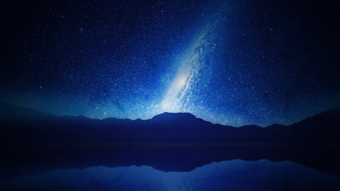 The Milky Way galaxy glowing above a dark mountain silhouette and calm lake
