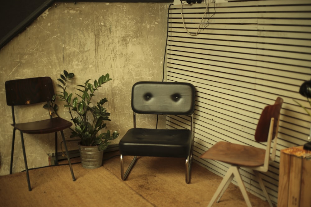 two brown and black chairs on brown wood flooring