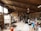 A spacious pottery studio filled with various pottery tools, materials, and equipment. The studio has large wooden shelves stocked with jars, pots, and other ceramic items. A kiln is present on the left side of the room, and numerous finished pieces are scattered throughout the area. Two people are engaged in their work amidst the cluttered yet creative environment, with wooden beams and large windows providing a rustic feel.