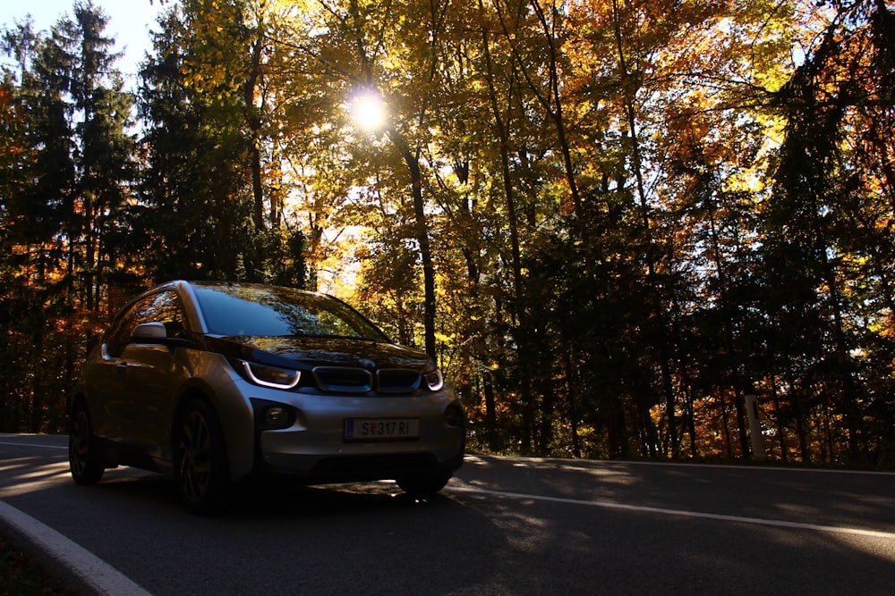 silver hatchback passing through trees