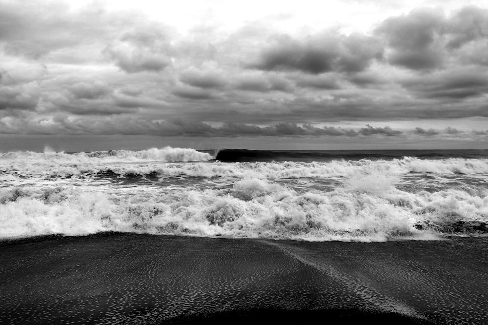 Fotografía en escala de grises de la orilla del mar