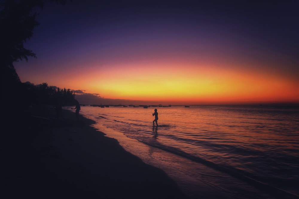 silhouette of person standing on shore during sunset