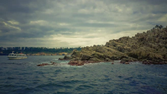 The charter boat cruising past rocky cliffs with seagulls flying overhead.