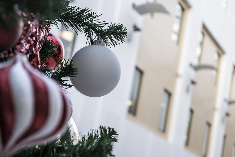 white bauble on Christmas tree