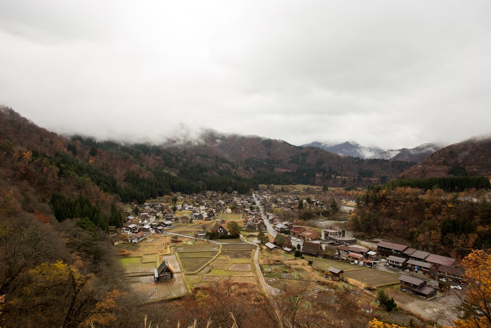 aerial view of town in mountain