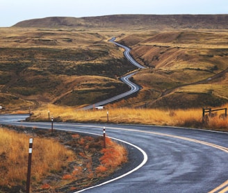 gray concrete road across brown valley during daytime