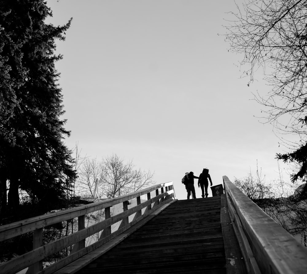 deux personnes dans un escalier près de la photographie en niveaux de gris d’arbre