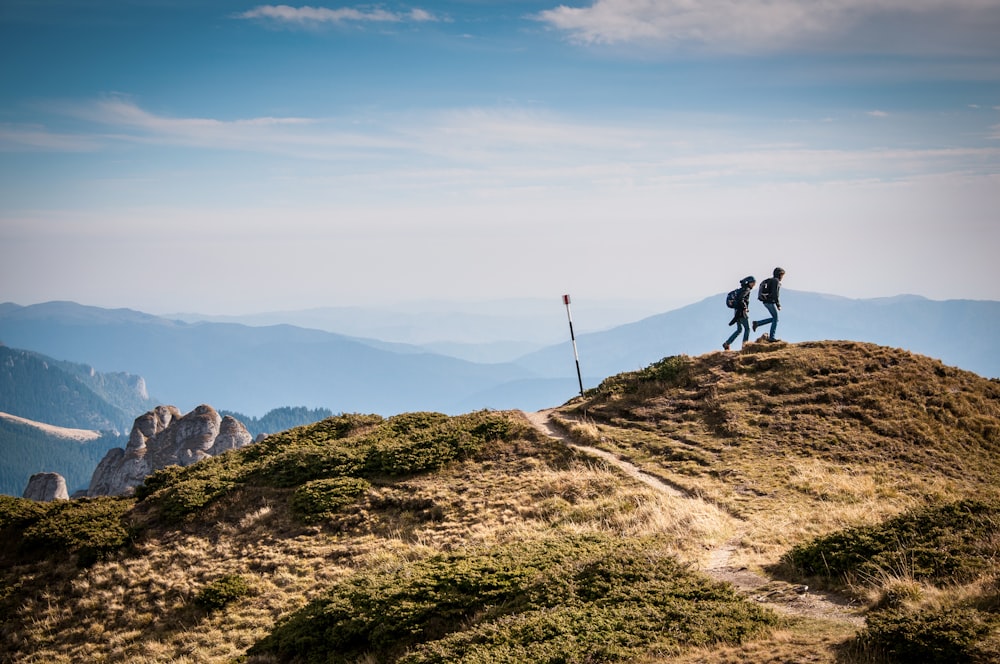 silhouette of two person on hill