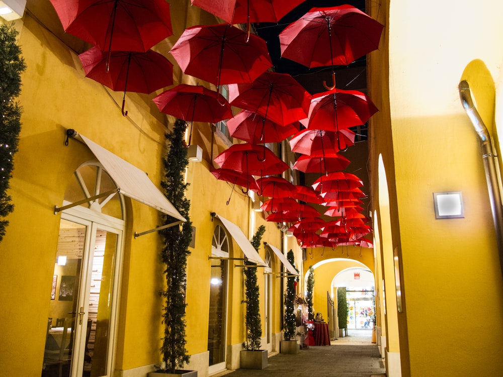pathway covered by red umbrellas