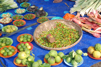 Fresh and colorful food items arranged in a market setting