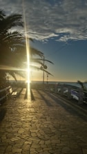 A serene pathway leading from the apartment to the nearby sandy beach at sunrise.