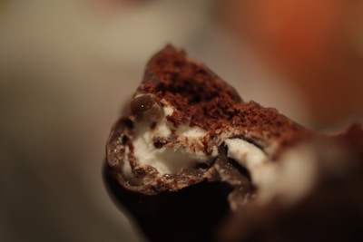 A close-up of a bitten chocolate-covered food item, revealing a creamy white filling inside. The surface has a rich, dark brown color with some crumbly texture visible in the cross-section.