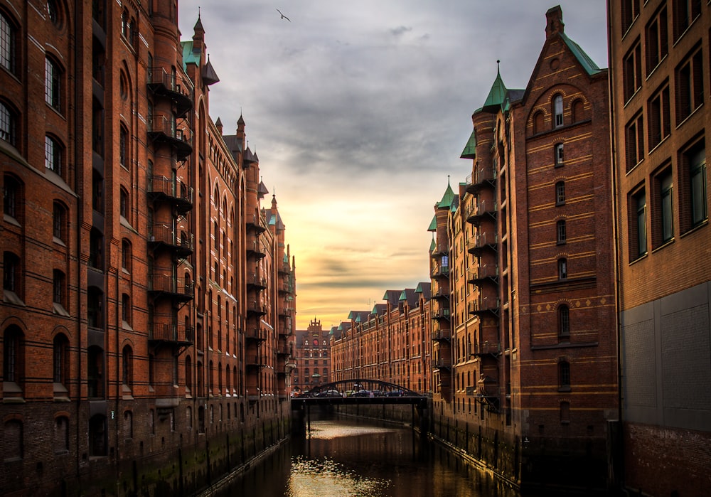 río entre edificios de hormigón marrón