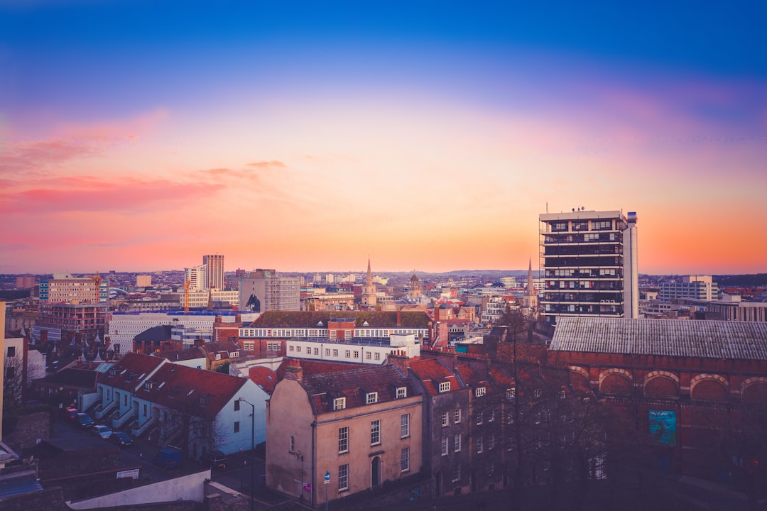 aerial photography of city sky, Beautiful sunset over a town