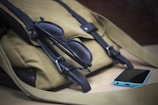 A close-up of a khaki-colored bag with black leather straps resting on a wooden surface. A pair of black sunglasses is placed on top of the bag, and a smartphone with a blue case lies next to it.