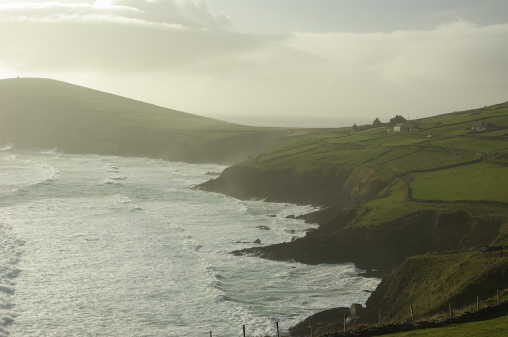 aerial photography of green field island covered with sea taken at daytime