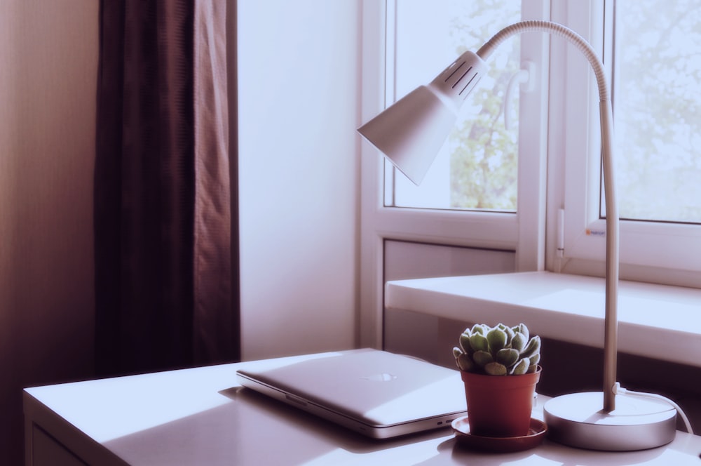 closed silver MacBook on table near plant and desk lamp