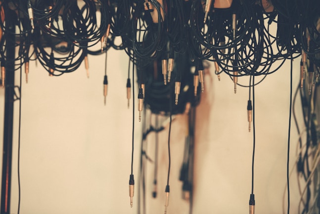 A shelf displaying various audio cables with clear labels in a bright store setting.