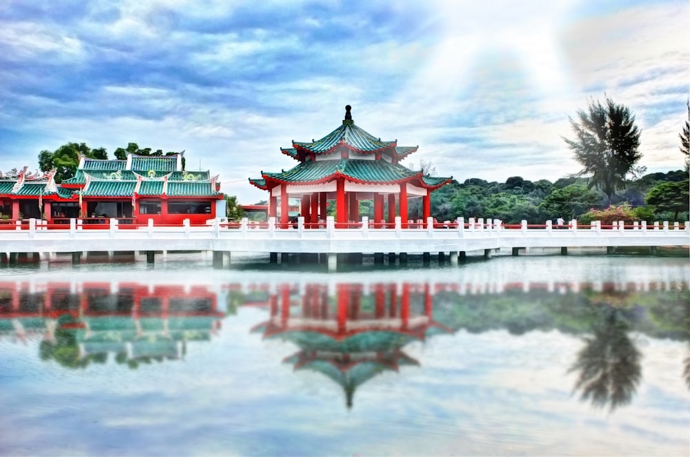 Chinese temple near calm body of water