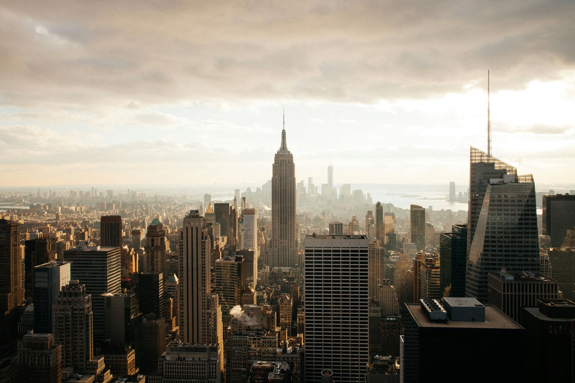 Snow-dusted financial district skyline