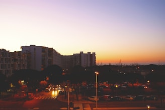 A cityscape of New York with apartment buildings at sunset.