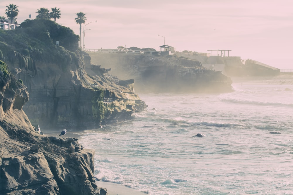 waves splashing on shore near cliff