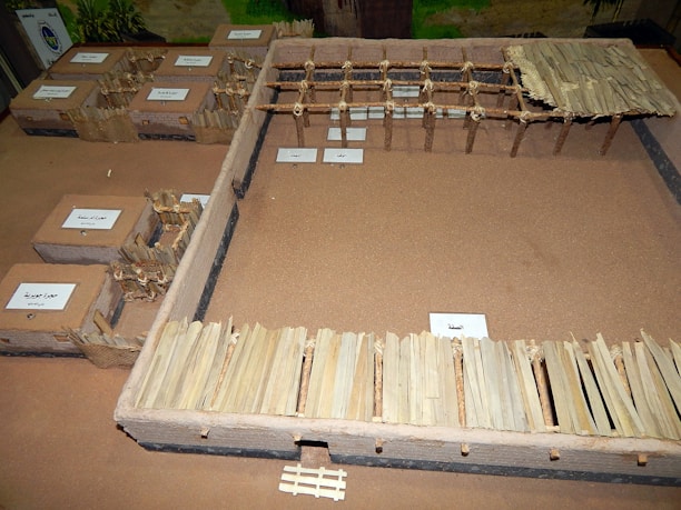 A miniature model showcasing a series of structures resembling traditional huts or enclosures, each labeled with Arabic text. The structures are enclosed by fences made of wooden sticks or similar materials. The layout seems to depict an organized settlement or village.