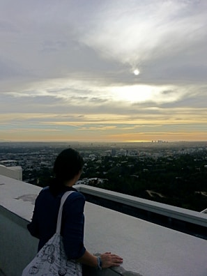 A traveler looking out over a bustling cityscape from a rooftop viewpoint at dusk.