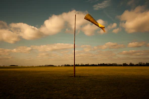 A sleek windsock frame standing sturdy on a grassy airfield at dawn.