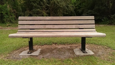 A wooden bench with metal supports is situated on a grassy area with some dirt patches underneath. The bench is positioned in a natural setting with dense green foliage in the background, including trees and shrubs.