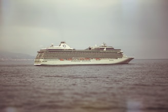 A large cruise ship sails on the calm sea, with a slight haze in the sky and a distant coastline visible on the left. The ship is detailed with multiple decks, and lifeboats are visible on the side.
