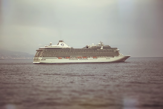 A large cruise ship sails on the calm sea, with a slight haze in the sky and a distant coastline visible on the left. The ship is detailed with multiple decks, and lifeboats are visible on the side.