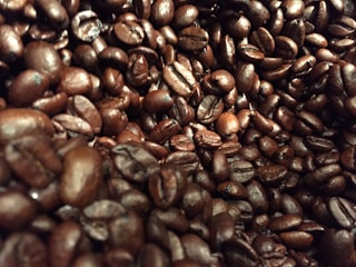 A close-up view of a pile of roasted coffee beans, showcasing their dark brown color and glossy texture. The beans are tightly packed, highlighting their rich, aromatic quality.