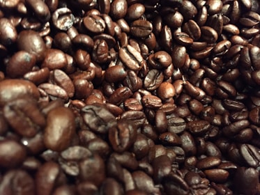 A close-up view of a pile of roasted coffee beans, showcasing their dark brown color and glossy texture. The beans are tightly packed, highlighting their rich, aromatic quality.
