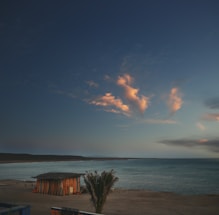 A cozy beachfront cabin at sunset with surfboards leaning against the porch.