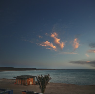 A cozy beachfront cabin at sunset with surfboards leaning against the porch.