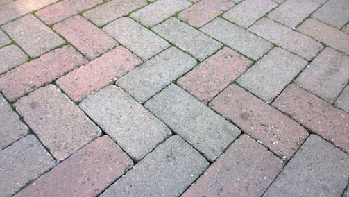 A close-up view of an interlocking brick pavement with a herringbone pattern. The bricks are a mix of gray and red colors, and there are small patches of green moss or grass growing between some of the bricks.