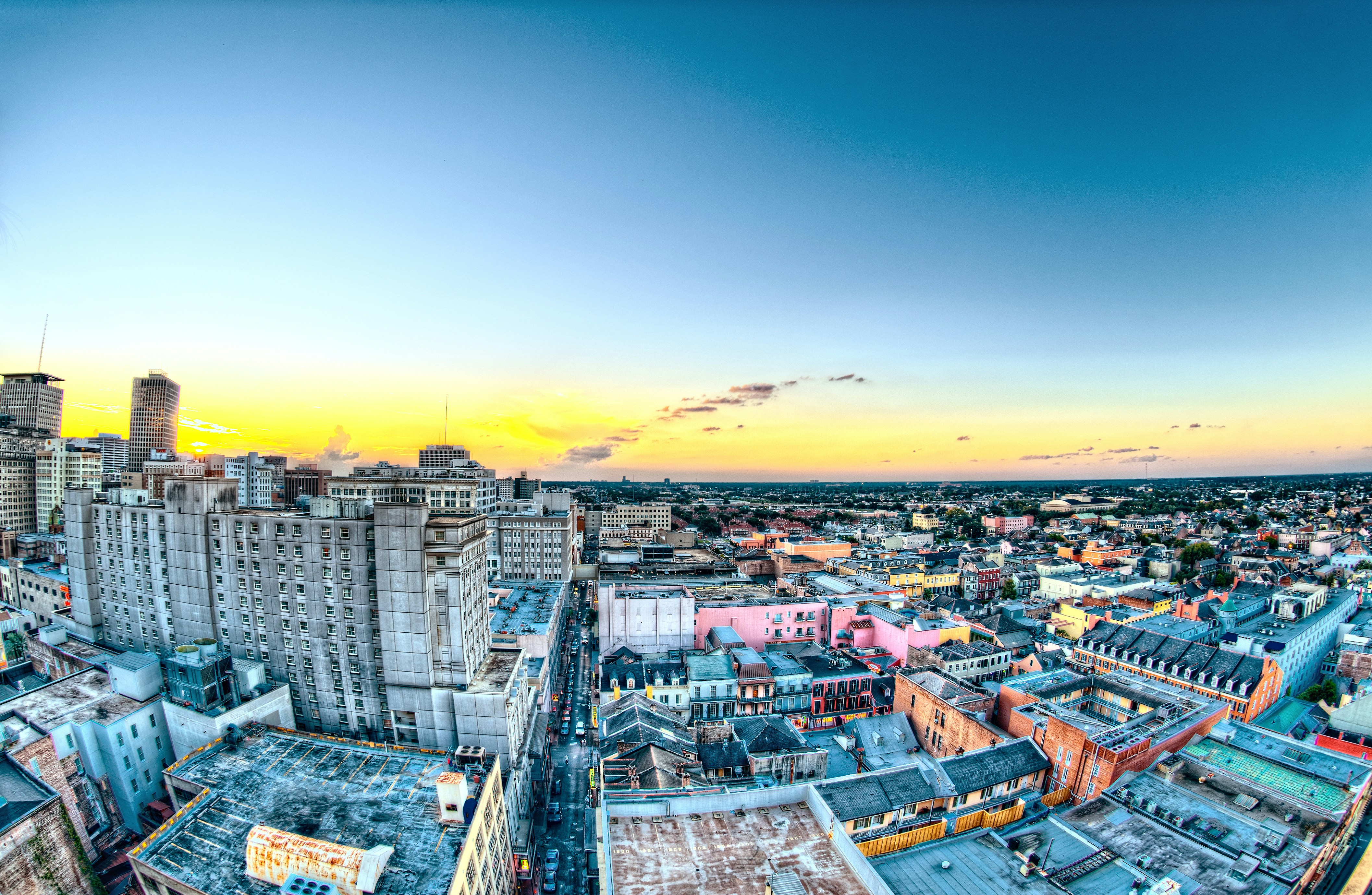 Shot from the top of the Hotel Monteleone at Sunset in New Orleans. This is looking towards Bourbon Street in the French Quarters.