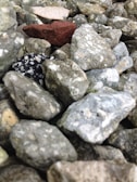 A collection of variously sized rocks and stones with different textures and colors, including grays, blacks, and a distinctive red piece. The stones appear piled together, creating a natural and rugged surface.
