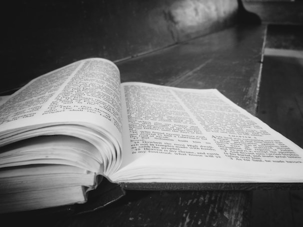 An open book with a noir thriller romance story, resting on a wooden desk beside a vintage camera.