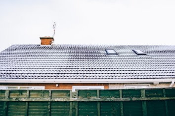 A house roof is lightly dusted with snow, featuring two skylights and a brick chimney. A wooden fence is visible in the foreground.