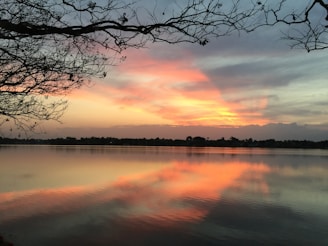 A serene sunset over a calm lake, with soft pink and orange hues blending into the sky.